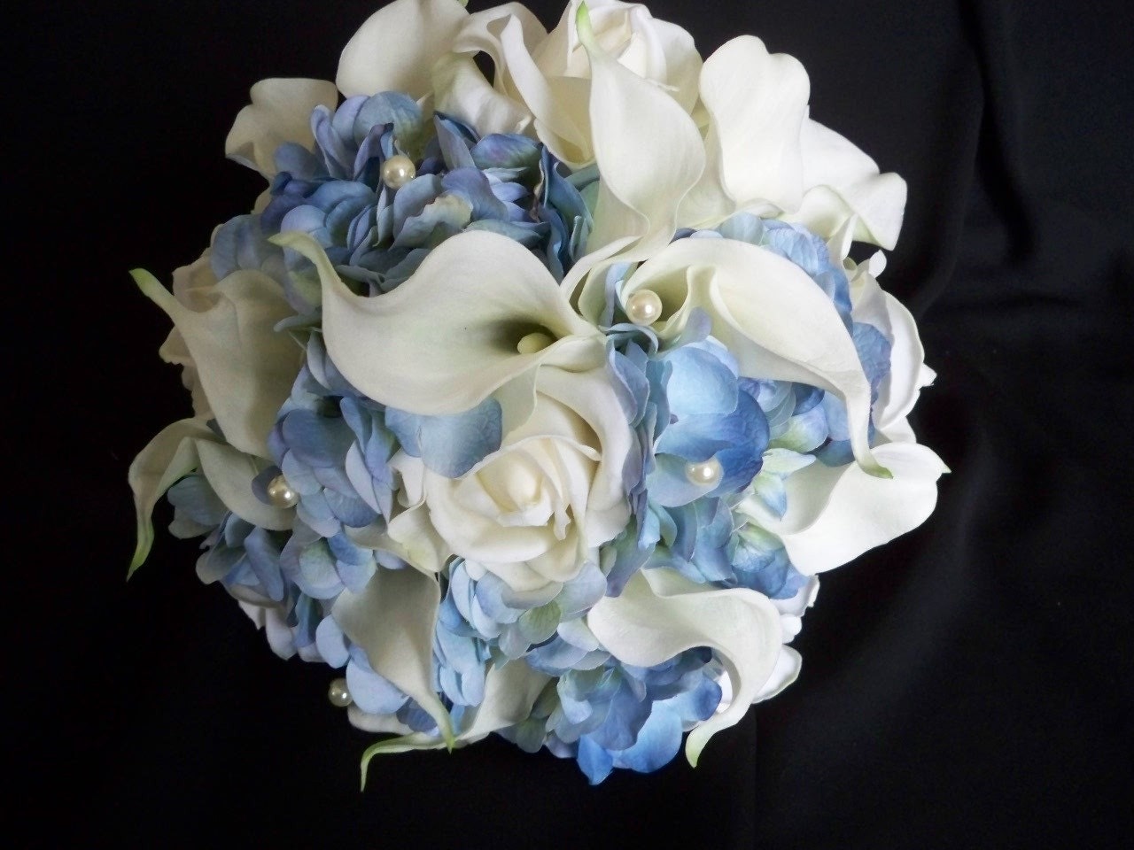 Blue Hydrangea and White Realtouch Calla Lilies by modagefloral