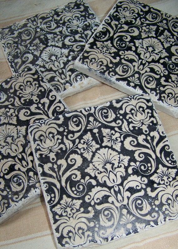 Tile Coasters Black Damask Natural Stone Coasters by QueenBe