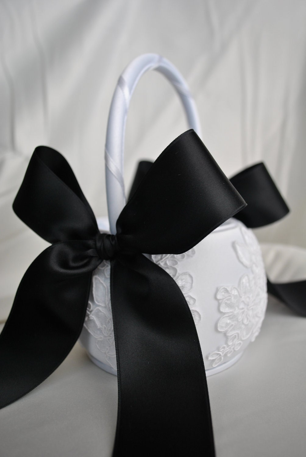 Black and White Flower Girl Basket Lace Flower by weddingsandsuch