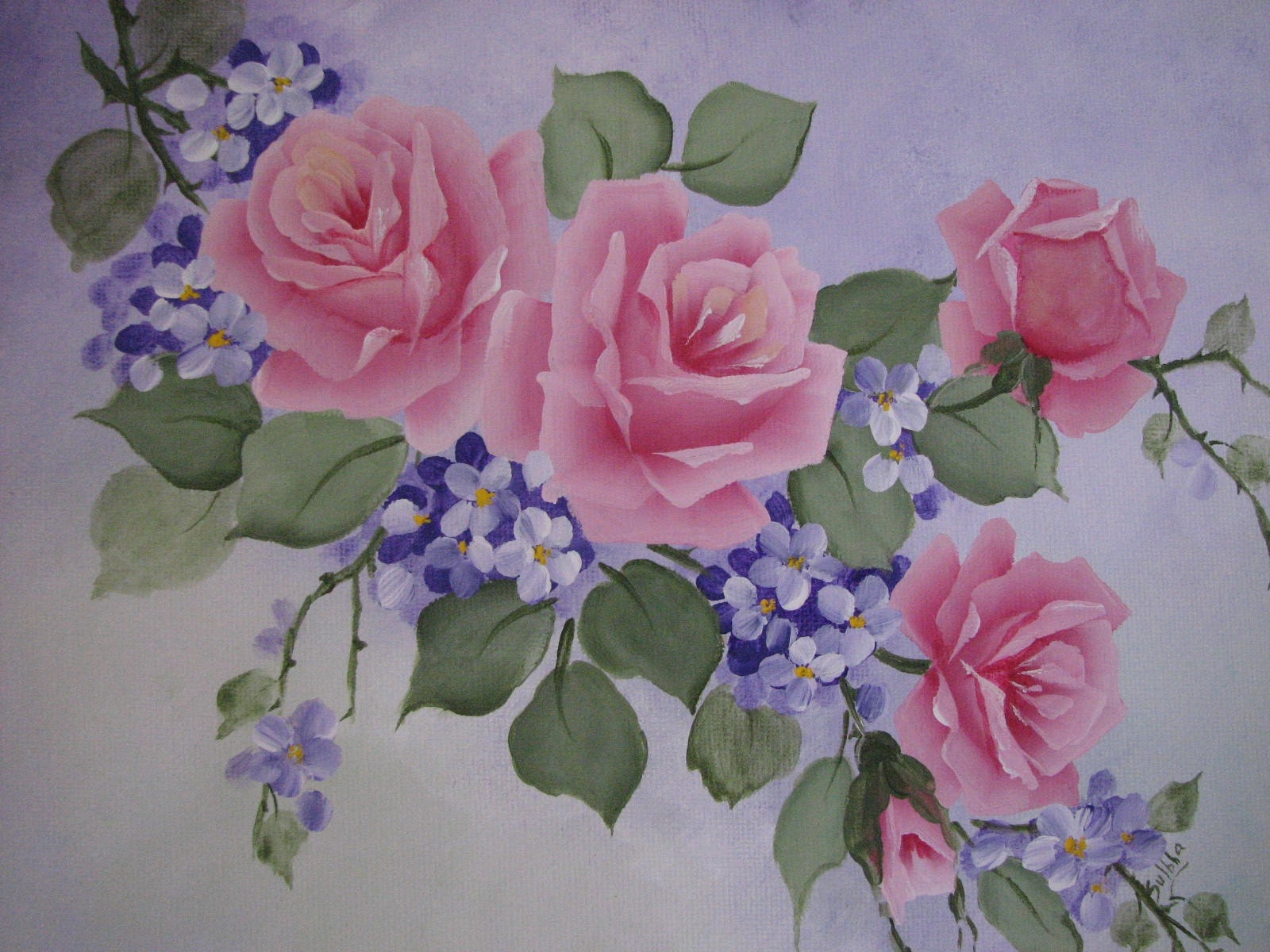 Hand Painted Pink Roses Purple flowers Canvas Acrylic Painting