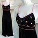 70s Vintage Dress Black Velvet Maxi Strappy size 32 Embroidered Pink Rose Bud j