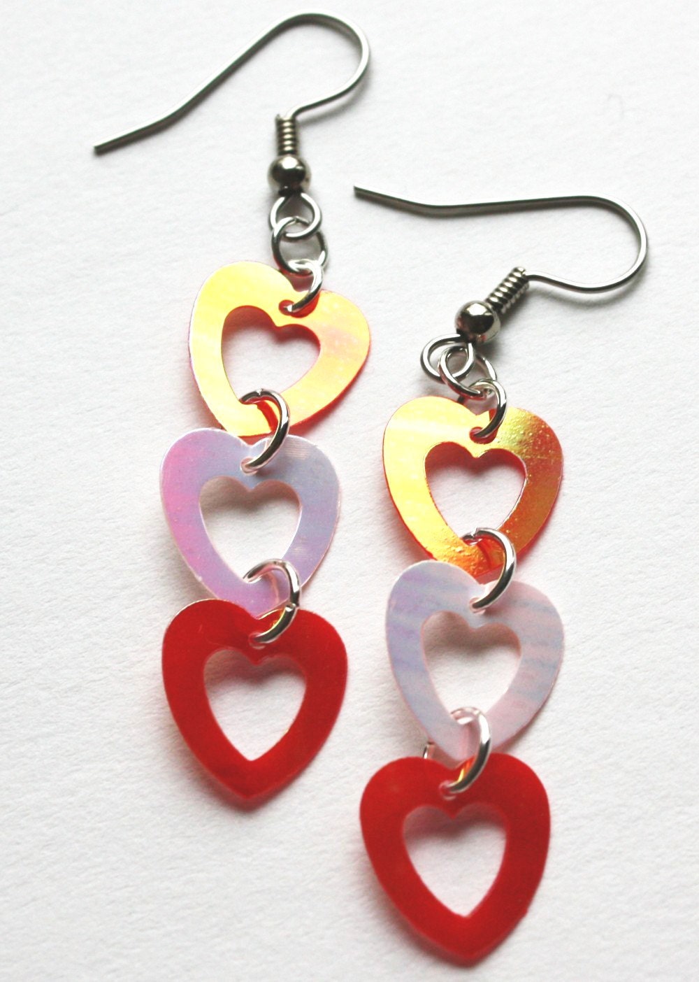 Valentine Earrings Linked Heart Earrings Red & Pink Iridescent