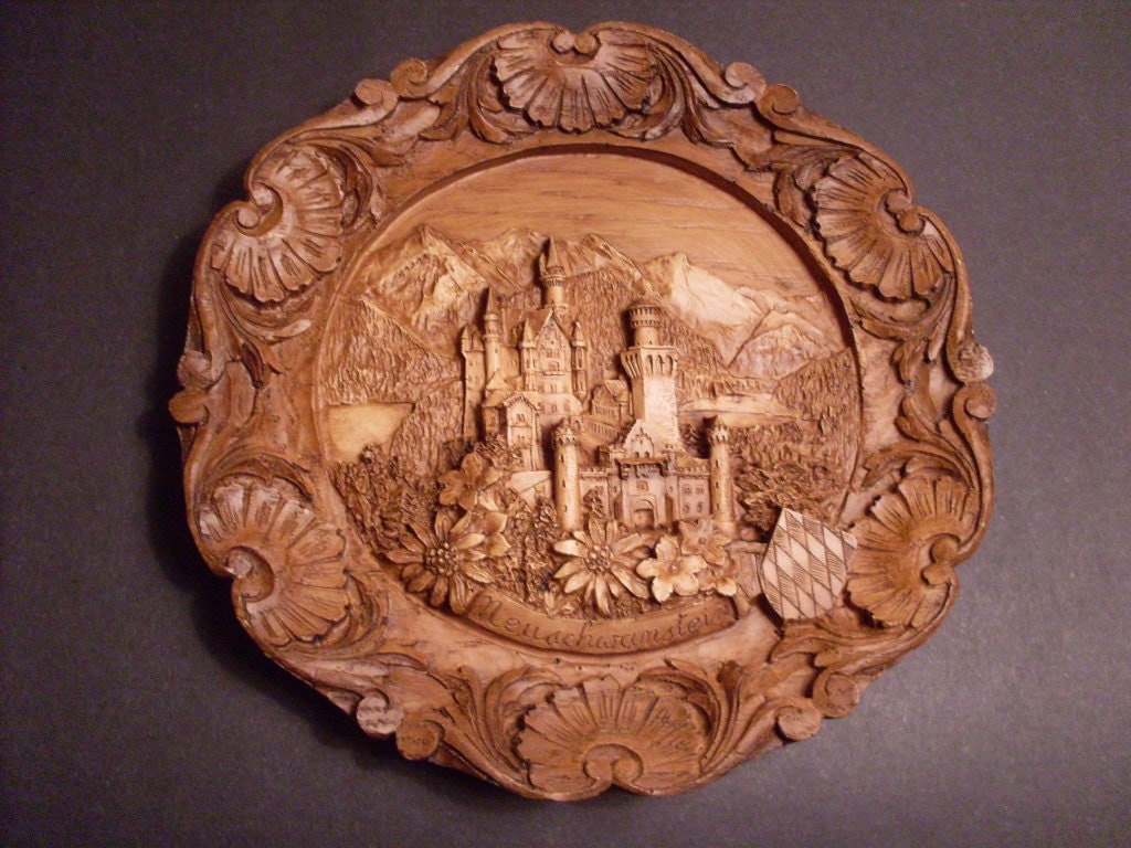 Vintage German Carved Wooden 3D Plate Neuschwanstein