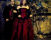 Halloween Wedding Dress - Red Ballgown Gothic Cinderella- Fairytale- Corset Top - Off the Shoulder Sleeves-Custom to your size