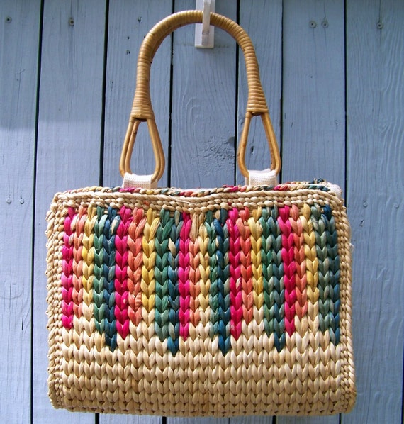 80s straw tote bag lined bamboo handles large