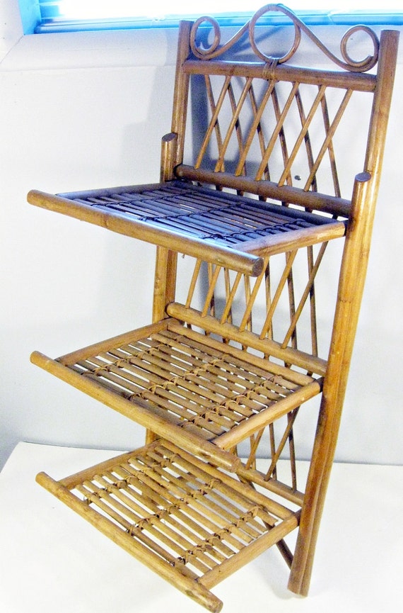 vintage wall shelf rattan 3 tier shelf foldable 1960s