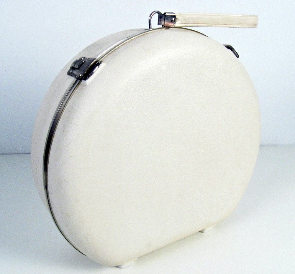 vintage luggage round train case carry on bag white