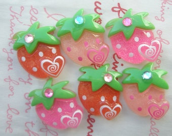 SALE Strawberry with rhinestones ( pointy leaves ) 6pcs