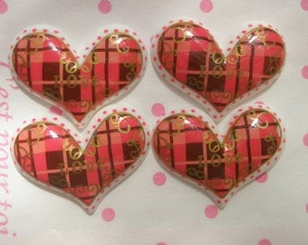SALE Tartan plaid Heart cabochons 4pcs WHITE
