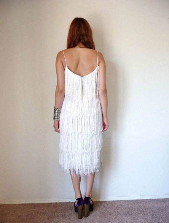 Vintage 70s White Layered Fringe Cocktail Dress M L