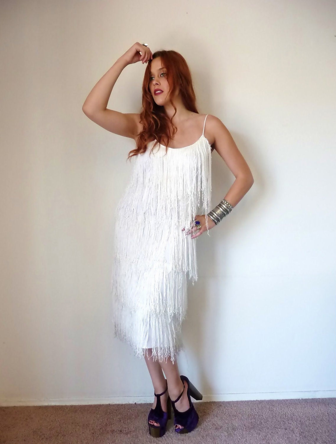 Vintage 70s White LAYERED FRINGE Cocktail Dress M L