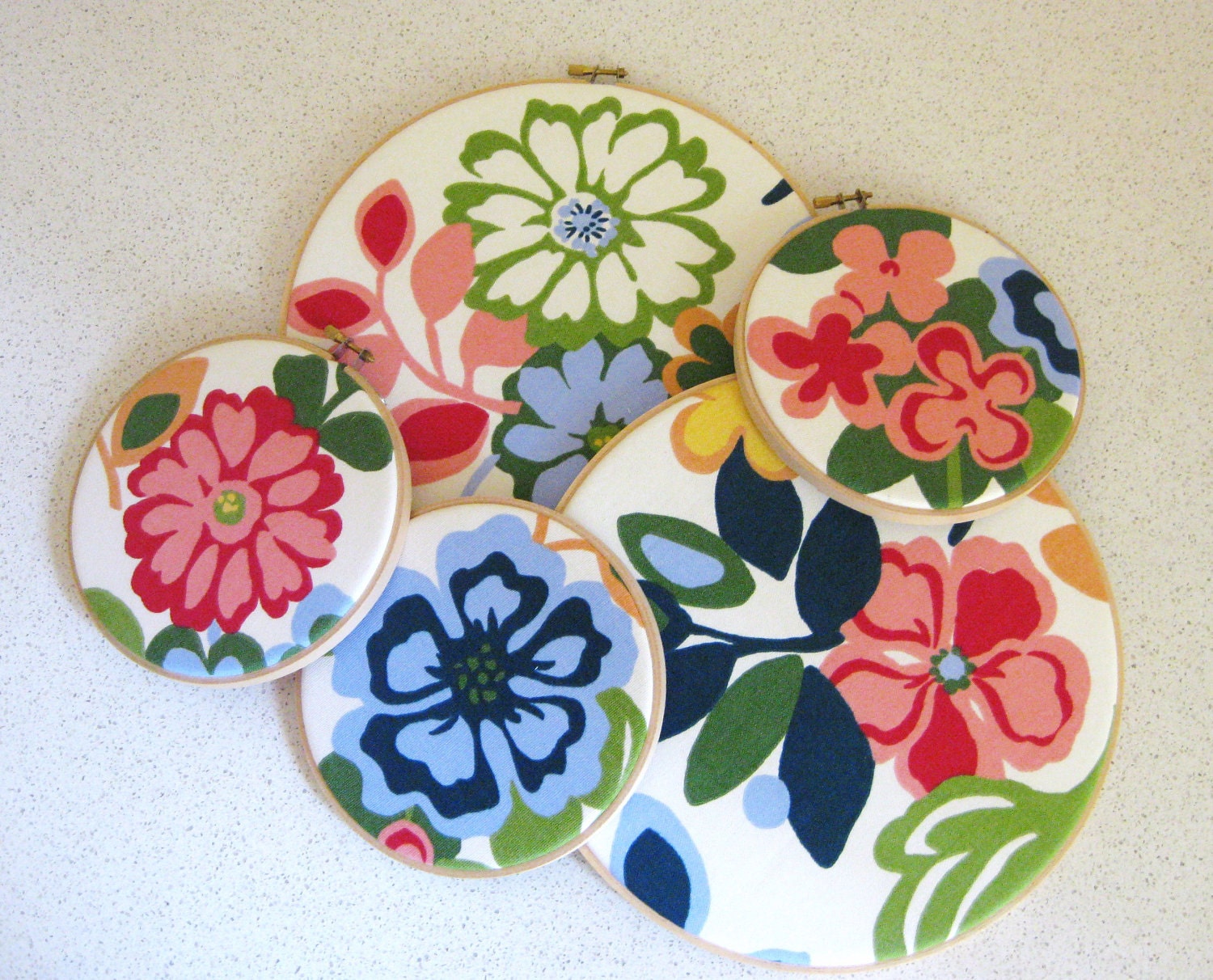 Large Floral Print Embroidery Hoop Wall Art Set of 5