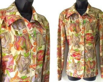 SALE! 70s Khaki and Orange Optical Swirl Print Blouse L