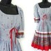 70s Square Dance Dress White & Blue with Floral Print XS S