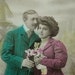 Antique French postcard, Victorian lovers out for a stroll, paper ephemera.