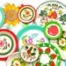 Tin Toy Tea Plates Spring Greens, 1950s graphics, Instant Collection.