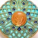 Atomic Burst Czech glass button, Turquoise & gold geometric 27mm.