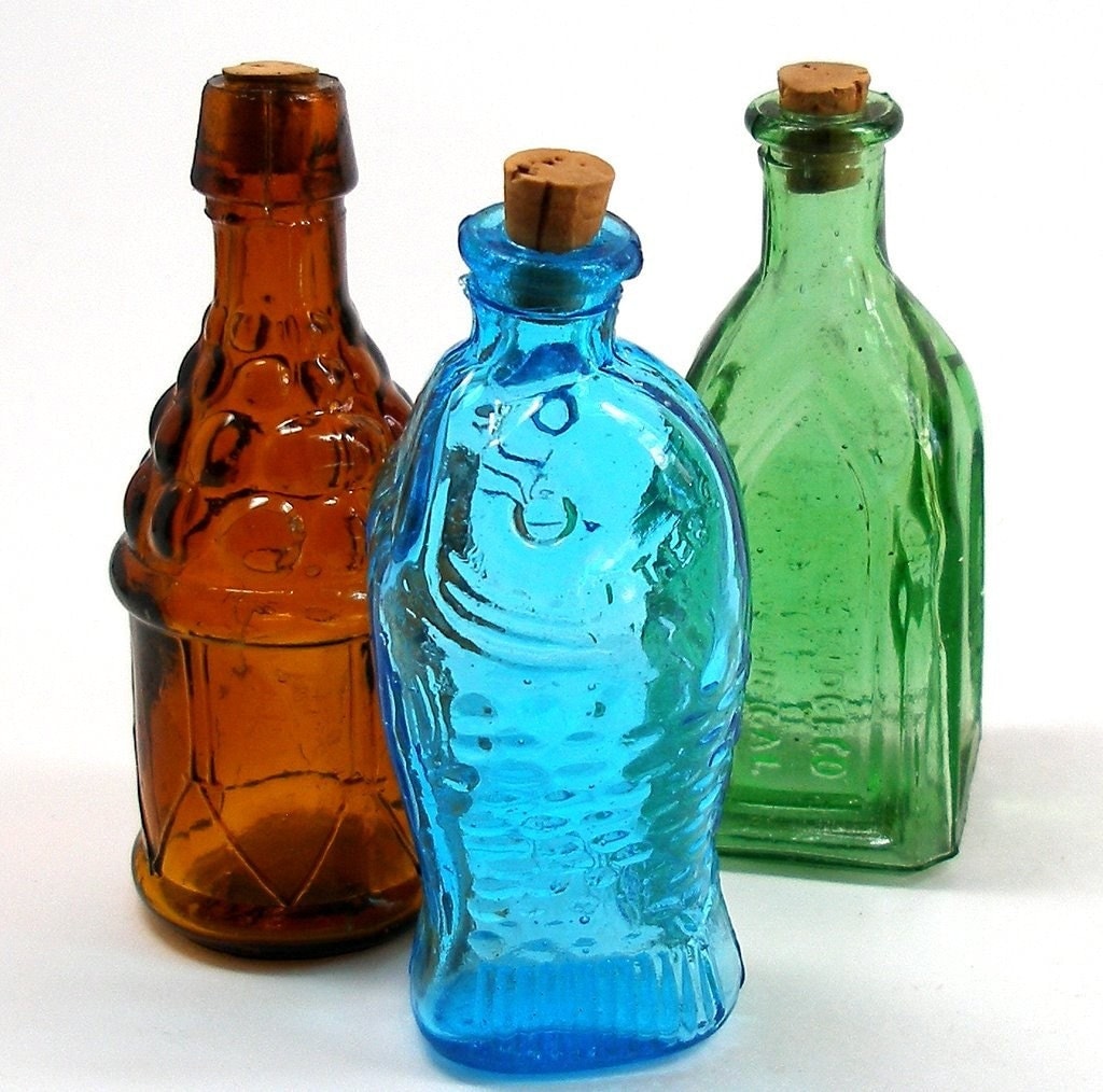 3 Vintage mini glass bottles 1970's antique reproduction