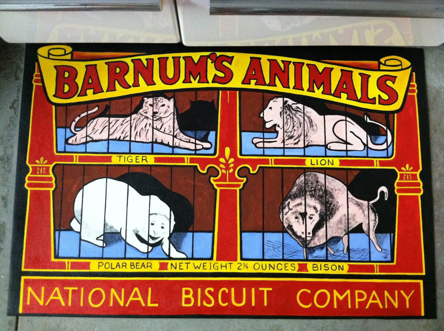 Retro Animal Cracker box floorcloth by artbelongseverywhere