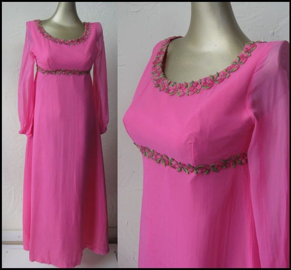 Vintage 60s/70s Maxi Dress Hot Pink Chiffon & Floral