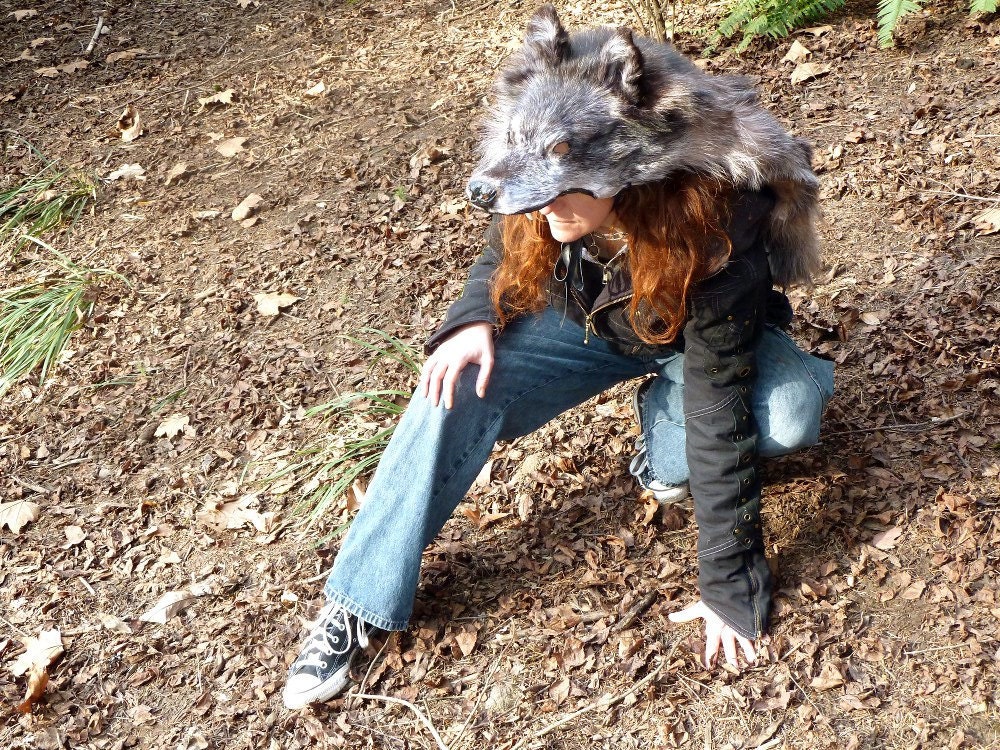 RESERVED Wolf hood/cape headdress real wolf fur totem dance
