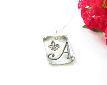 Initial Necklace with Fleur De Lis - Personalized Jewelry - Hand Made from Fine Silver