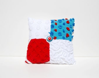Chenille Pillow - Rexa - Blue Red White Vintage Chenille Handmade Charm Pillow