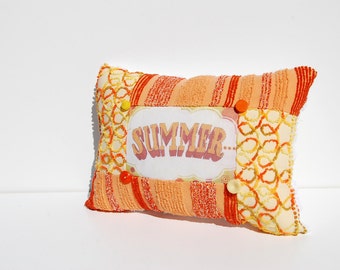 SALE ----Summer Pillow - Pop Art Yellow Orange Vintage Chenille Handmade Throw Chenille Pillow