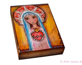 Mary and her Sacred Heart - ACEO Giclee print mounted on Wood (2.5 x 3.5 inches) Folk Art by FLOR LARIOS
