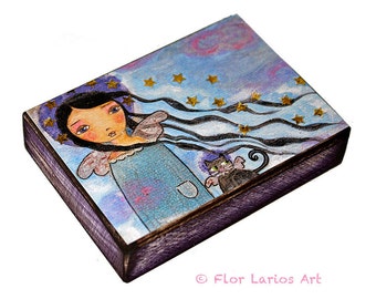 In Heaven with my Cat - ACEO Giclee print mounted on Wood (2.5 x 3.5 inches) Folk Art by FLOR LARIOS