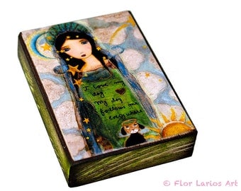 In Heaven with my Dog - ACEO Giclee print mounted on Wood (2.5 x 3.5 inches) Folk Art by FLOR LARIOS