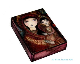 Mother of Tenderness - Aceo Giclee print mounted on Wood (2.5 x 3.5 inches) Folk Art by FLOR LARIOS