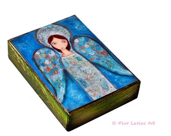 Angel Azul - ACEO Giclee print mounted on Wood (2.5 x 3.5 inches) Folk Art by FLOR LARIOS