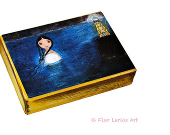 Moonlight - ACEO Giclee print mounted on Wood (2.5 x 3.5 inches) Folk Art by FLOR LARIOS