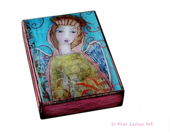 Angel of Tenderness - ACEO Giclee print mounted on Wood (2.5 x 3.5 inches) Folk Art by FLOR LARIOS