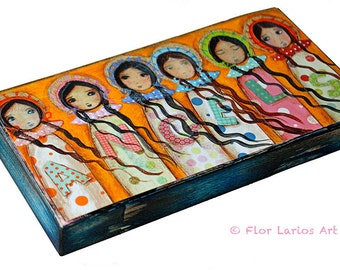 Angels - Giclee print mounted on Wood (5 x 10 inches) Folk Art by FLOR LARIOS