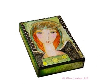 Looking After You - ACEO Giclee print mounted on Wood (2.5 x 3.5 inches) Folk Art by FLOR LARIOS