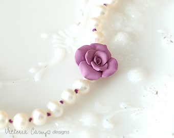 Purple Rose and Knotted White Freshwater Pearl Necklace - Classic Pearl Necklace - OOAK - Ready to Ship