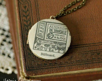 Be Yourself Billboard Locket Necklace, Vintage Dictionary Illustration - Brass Chain - Ready to Ship