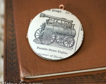 Steam Engine Vintage Locket Necklace, Dictionary Illustration, Brass Chain, Large Locket - Gift under 40