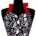Womens Damask Sweetheart Neckline "Parisian" Apron - Sexy in Elegant Black and White with Red JESSIE Full Apron
