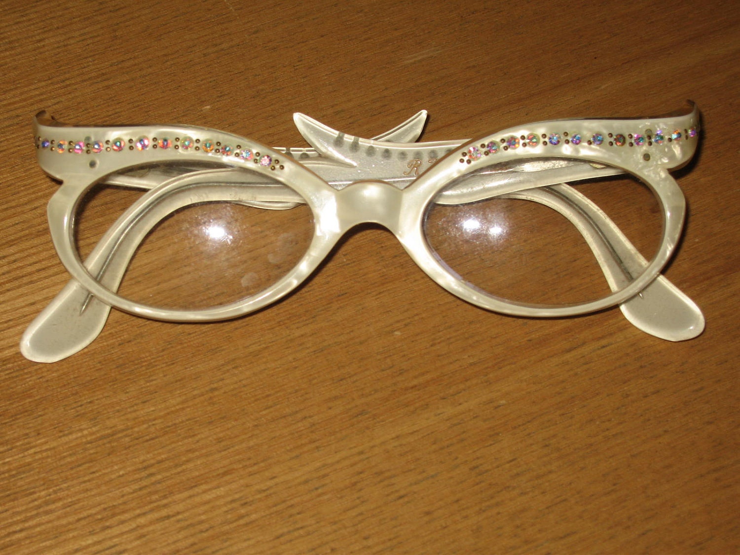 Vintage 50s Cat Eye Pearl And Rhinestone Gaga Eyeglasses Made