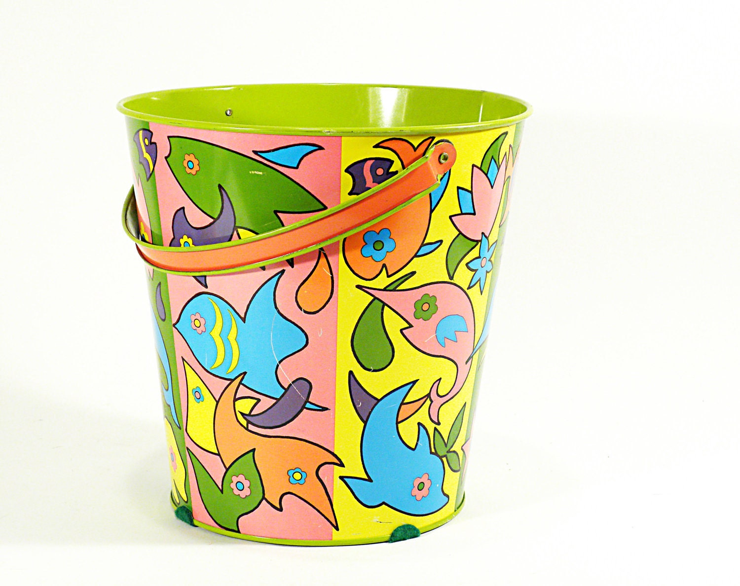 beach bucket . vintage ohio art tin sand pail . neon