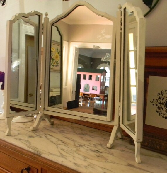 Vintage Shabby Chic Triple Vanity Mirror with Curvy Legs