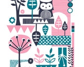 Items similar to Owl in Abstract Pink and Turquoise Forest - silk ...