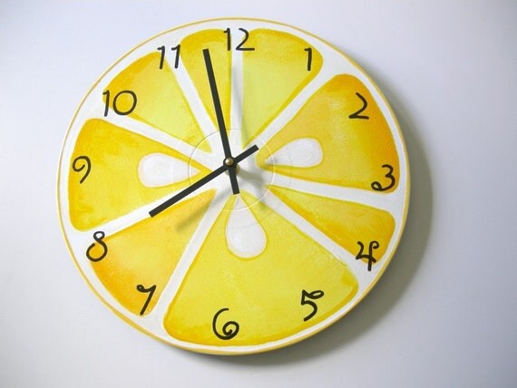 Hand painted lemon slice recycled wall clock - by Bearly Art - Westfield, Ma (sect. k)