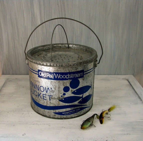 Vintage Metal Minnow Bucket New Great Blue Fish Graphics