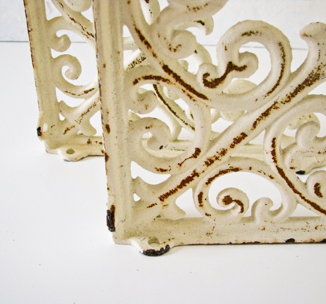 2 Vintage White Iron Shelf Brackets Shabby Chic