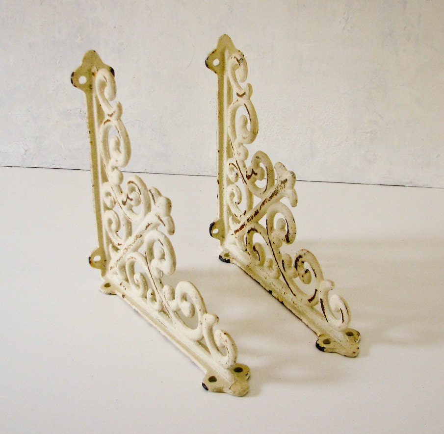 2 Vintage White Iron Shelf Brackets Shabby Chic