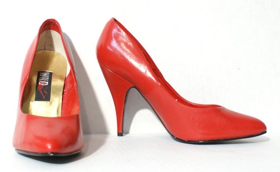Vintage 1980s Red Leather High Heels 4 Inch Stiletto Pumps